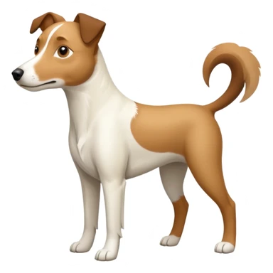 a full body large white parson russell looking dog the size of a kelpie with light brown flapped down ears and a light brown patch on one eye and a large snout sticker