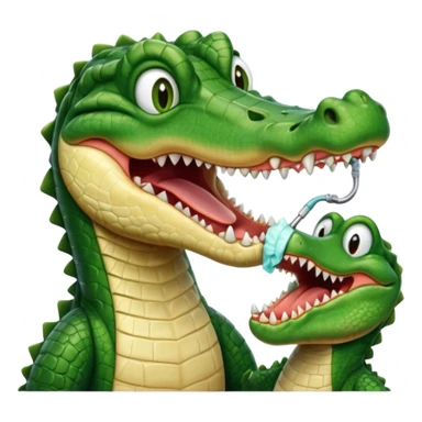 an alligator opening its mouth with a dentist sticker