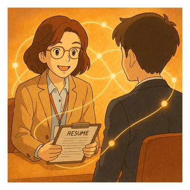 friendly recruiter talking to a candidate, with visible connection lines and warm colors sticker