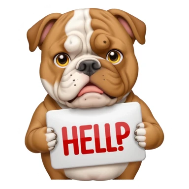 English bulldog with a worried face holding a 'need help' sign, emoji style sticker