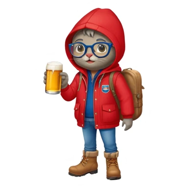 Catfish in a red winter jacket with hood, wearing round glasses, blue jeans, red boots, holding a beer can with a red label sticker