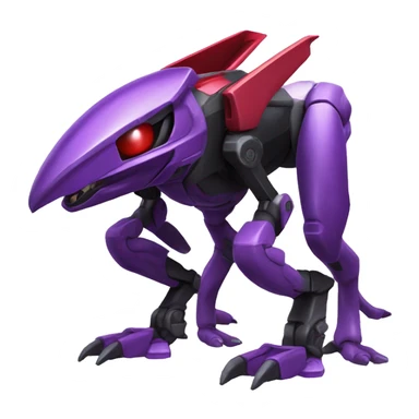 a shiny black-red-purple Genesect-Raptor-Fakémon—hybrid with a futuristic visor-helmet full body sticker