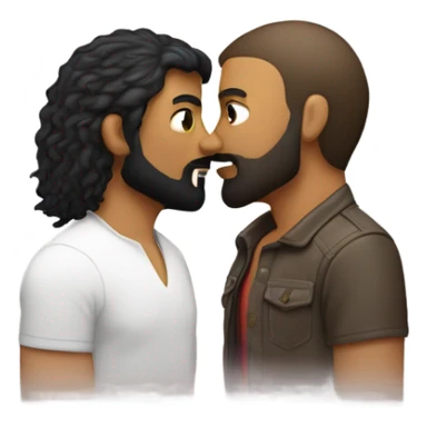 Gay couple, one white with black beard and mullet hair other brownish sking, they are kissing sticker