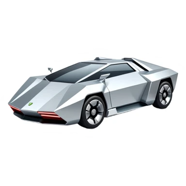 A futuristic chrome car emoji, sharp geometric body design inspired by cybertruck aesthetics, smooth silver metallic surface, matte and glossy chrome mix, minimal details, soft reflections, clean edges, iOS emoji style, centered, clean white background, soft studio lighting, no text sticker