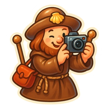 medieval pilgrim taking a photo, very cute, funny, highly stylized, retro stickers style sticker