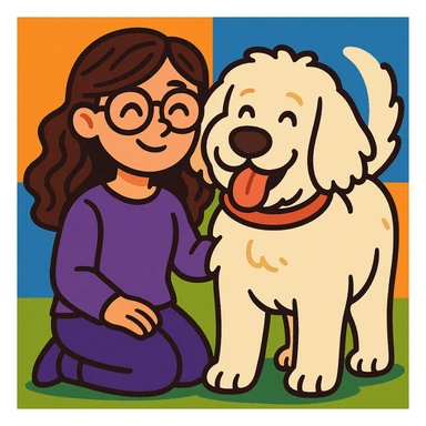 brunette female with glasses in a purple outfit and her large white or cream colored goldendoodle, cute cartoon style sticker