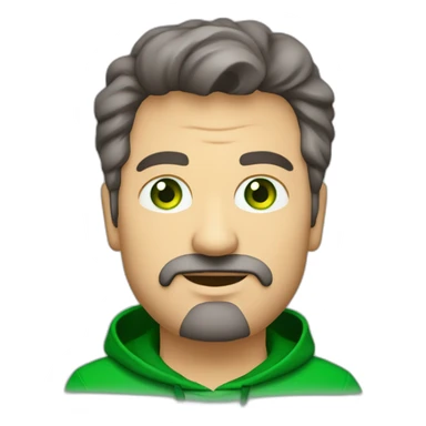 fat middle aged developer short dark brown graying hair goatee with green eyes hoodie sticker