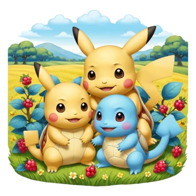 Two Pokémon are playing in a field. Pikachu has a light to share, but Squirtle has none. Pikachu sees this is unfair, so he shares the berries with Squirtle. They smile and eat together. Show this as a cute Pokémon emoji scene about justice and fairness.

 sticker