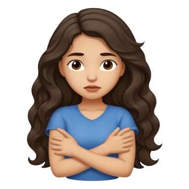 Hispanic light tan girl with long dark wavy hair crossing her arms under arm pit and slightly pouting sticker