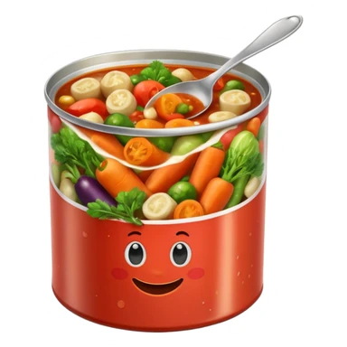 open tin can with chunky mixed vegetables in tomato sauce, no spoon or branding, soft lighting, subtle shadows, emoji scale sticker