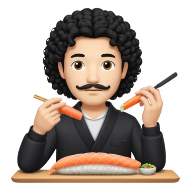 un coreano che taglia sushi con i baffetti capelli ricci e lunghi  neri con un IQOS in mano  sticker
