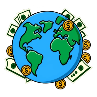 Money world with dollar bills and coins surrounding Earth sticker