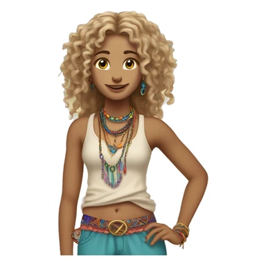 Caucasian hippie girl with curly dirty blonde hair, hazel eyes, baggy colorful pants and a tank top, lots of bohemian bracelets and jewelry sticker