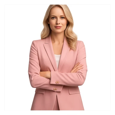 blonde businesswoman in a pink suit, standing with arms crossed sticker