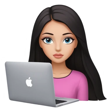 Glamours, tanned, very beautiful girl, with big pump peach-beige-rose lips, eyeliner, long long lashes, black straight smooth silky long hair, straight parting hair, blue-grey eyes with macbook sticker