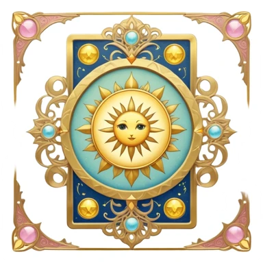 magical tarot-like card inspired by the Clow Cards from Cardcaptor Sakura. The card has ornate golden borders, a sun or moon symbol at the top, and a mysterious illustration in the center. The background is a soft, enchanted pastel tone. sticker