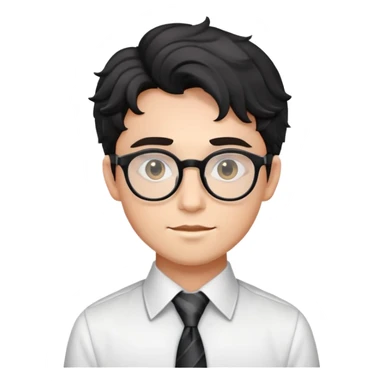 Young man with black wavy hair, round glasses, dressed for theater in smart casual outfit with dress shirt and tie sticker