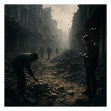 A group in a ruined city street, most people ignoring the destruction, two individuals picking up debris or studying the damage. Lighting highlights the two, others in shadow. Conceptual, symbolic, cinematic, emotionally charged, hyperrealistic 4K. sticker