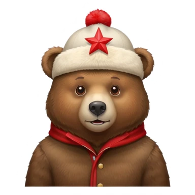 Brown bear wearing a traditional Russian ushanka hat with red star sticker