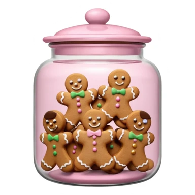 Realistic glass cookie jar with light pink lid full of gingerbread cookies isolated sticker