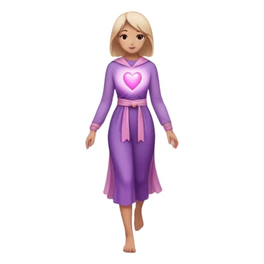 A small figure walks back across a foggy bridge, holding soft pink and purple orbs in each hand—symbolizing compassion and forgiveness. A gentle heart aura trails behind them, showing healing in motion. sticker