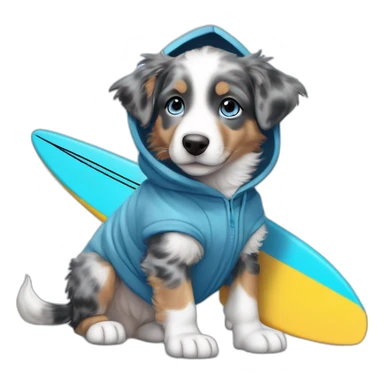 a 5 month old puppy, miniature American shepherd breed, blue merle color, with blue eyes, wearing a blue hooded sweatshirt and a surfboard under his arm sticker