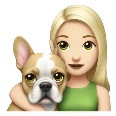 A blonde girl with green eyes with a square hugs a French bulldog with brown eyes and dark gray fur sticker
