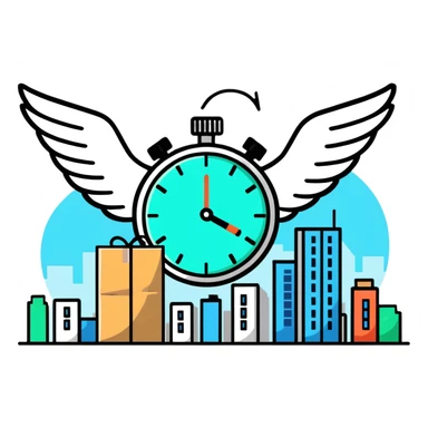 stopwatch with wings and a package flying over city buildings, fastest delivery sticker
