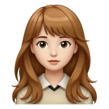 Uma garota de cabelo ondulado marrom,mas com franja lisa e olhos pretos, e a cor de pele branca,e o cabelo LONGO  sticker