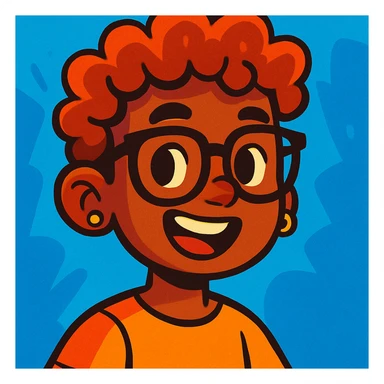 boy with curly hair and brown skin, wearing black glasses and earrings, vibrant cartoon style sticker