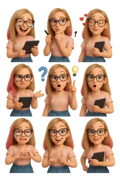 «Создай набор из 12 наклеек в стиле 3D cartoon  женского персонажа (30 лет выглядит моложе)  с прямыми светло русыми волосами до лопаток, яркие розовые пряди в волосах), светлой кожей, большими выразительными голубыми глазами, черные очки для зрения формы кошачий глаз, нос чуть с горбинкой.
Персонаж должен носить пастельную розово-бежевую тай дай футболку, голубые джинсы фасона мом, персонаж должен иметь разные выражения: смех до слез, задумчивость, влюбленность (с сердцами вокруг головы), злость с паром из носа, растерянность (со знаком вопроса), наличие идеи (с зажженной лампочкой), плач со слезами из глаз, удивление с открытым ртом, улыбка и  подмигивание, знак мира рукой, создание сердца руками, бегство со всех ног. Размер картинки не ограниченный, чтобы все наклейки вместились без обрезки. Стиль мультяшный  DreamWorks, мягкий свет, прозрачный фон, и добавь персонажу в руки графический планшет следи чтобы выглядело органично, красиво, не нарушая законы природы и физики, можешь добавить в другую руку перо от графического планшета, если это будет позволять смысл стикера» sticker