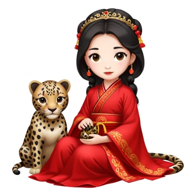 A beautiful girl in red Hanfu wedding dress sits on the ground holding a black leopard sticker
