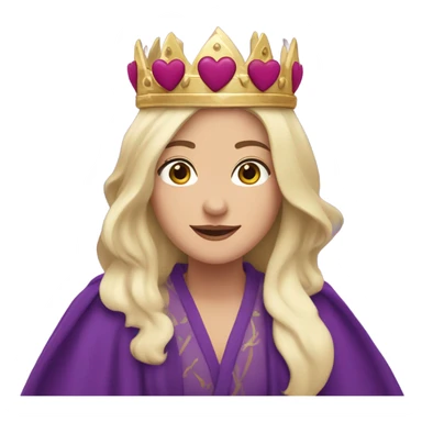 Caucasian long dark haired woman wearing royal purple robes and a crown with five hearts floating around her head sticker