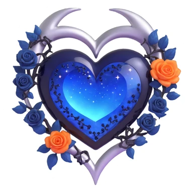 gothic heart made of midnight blue glass with a silver crescent moon, tiny black roses, shimmering stardust, glowing blue aura sticker