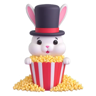 popcorn tub with a fluffy bunny emerging wearing a tall top hat sticker