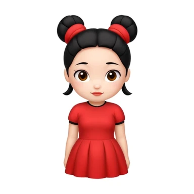 pucca character, simple and cute, round face, red dress, black hair buns, no text sticker