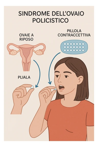 Donna con pcos che prende la pillola, e la pillola mette a riposo le ovaie in italiano sticker