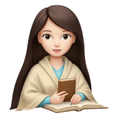 White Barbie girl with a long straight dark brown hair inside a pale beige blanket is writing a book sticker