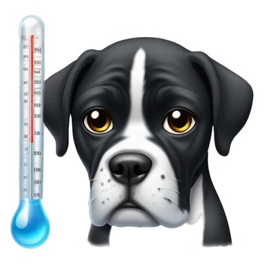 black boxer dog with some white on face making sad eyes with an ice pack on top of her head and mercury thermometer in her mouth sticker