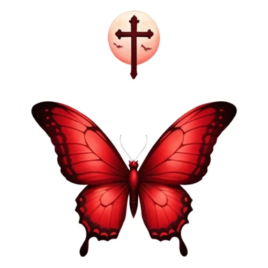 A majestic crimson butterfly with wings in Venetian and rustic red gracefully flutters in the foreground, bathed in a soft, eerie glow. Behind it, Gothic crosses loom in the distance, shrouded in a deep red mist that enhances the melancholic beauty of the scene. sticker