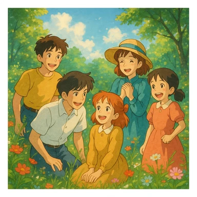 Five friends (three girls, two boys) enjoying a sunny day outdoors, in a Ghibli-style illustration with vibrant nature and a sense of wonder. sticker