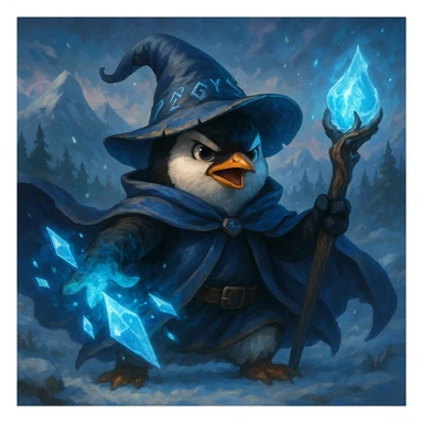 a heroic penguin wizard with a flowing cape and icy magic in a fantasy style sticker