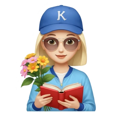 ["A happy girl with light skin, bald, wearing a baseball cap and sunglasses, dressed in K-pop fashion, is reading a book while holding a flower bouquet."] sticker