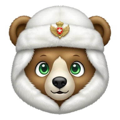 Adorable bear head with big green eyes and soft expression, wearing white fluffy ushanka with detailed Russian emblem in center, iOS emoji style sticker