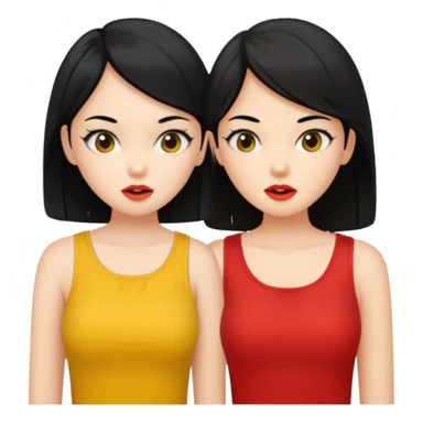 2 girls gossiping. both are fair and have black hair. One has short hair, one has long. One is wearing yellow, one is wearing red sticker