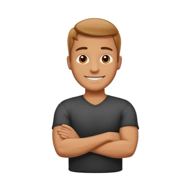 Create a cartoon emoji-style illustration of a smiling man standing confidently with arms crossed. sticker