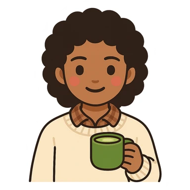 aesthetic black girl with light skin, wearing a cute cream colored sweater with a flannel shirt underneath, holding a matcha in her hand, with cute minimal blush, emoji style sticker