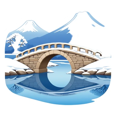 Remnant Snow on the Broken Bridge in Winter, West Lake Hangzhou, simplified emoji style with bold outlines, arch bridge with snow, water below sticker