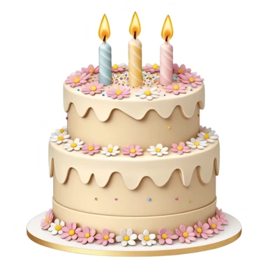 Layered, detailed beige and white birthday cake with buttercream frosting flowers and sprinkles, 3D sticker