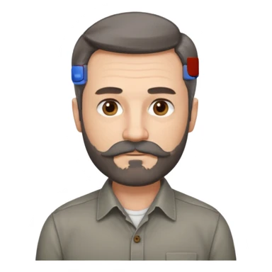 50 yr old white man, pale skin, dark grey hair with some brown highlights, side swept part, groomed moustache and beard sticker